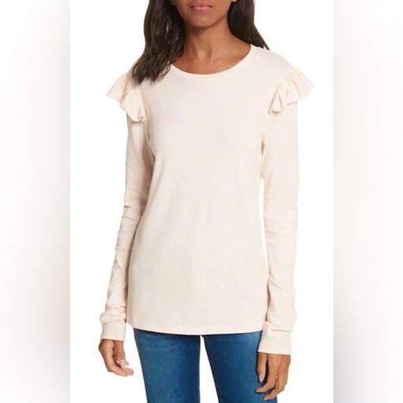 NEW 🌸 FRAME DENIM LONG SLEEVE RUFFLE SHOULDER TEE SHIRT - Picture 2 of 5